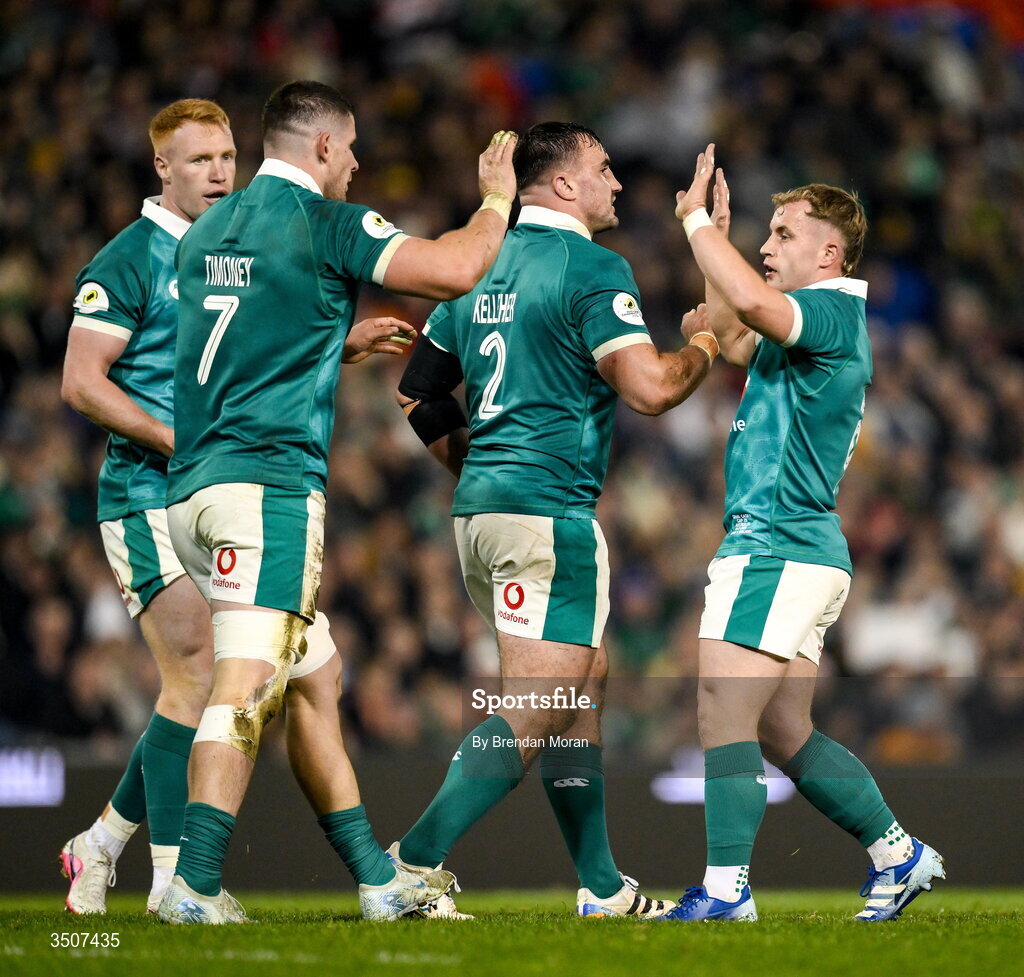 11 July 2026; Nick Timoney of Ireland, left, is congratulated by teammate Craig Casey after scoring their side's first try during the 2026 Nations Championship Round Two match between Japan and Ireland at McDonald Jones Stadium in Newcastle, Australia. Photo by Brendan Moran/Sportsfile