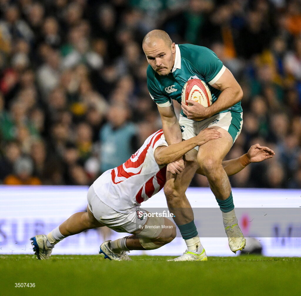 11 July 2026; Jacon Stockdale of Ireland is tackled by Ben Gunter of Japan during the 2026 Nations Championship Round Two match between Japan and Ireland at McDonald Jones Stadium in Newcastle, Australia. Photo by Brendan Moran/Sportsfile