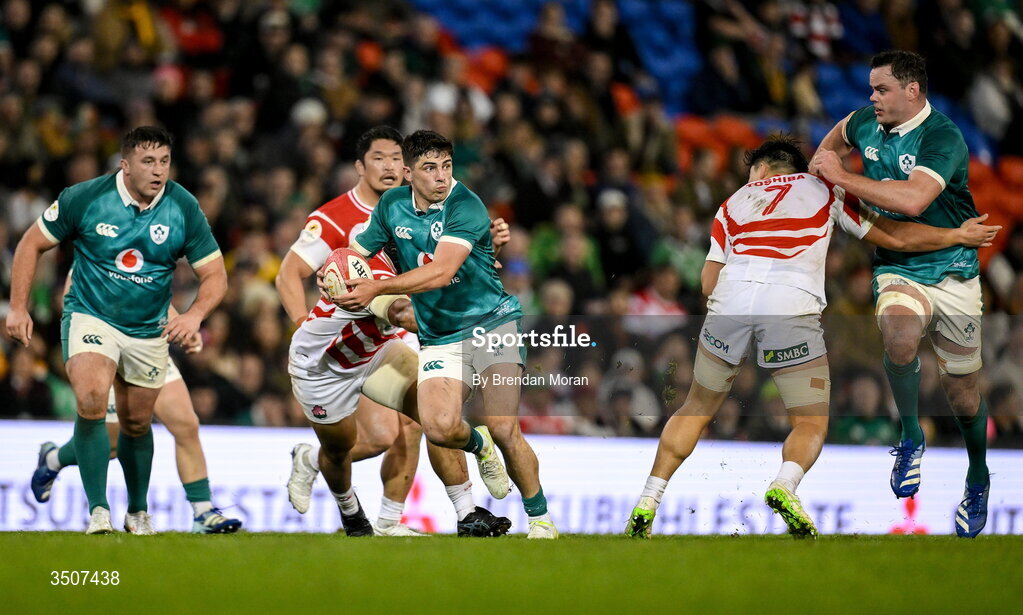 11 July 2026; Jimmy O'Brien of Ireland makes a break during the 2026 Nations Championship Round Two match between Japan and Ireland at McDonald Jones Stadium in Newcastle, Australia. Photo by Brendan Moran/Sportsfile