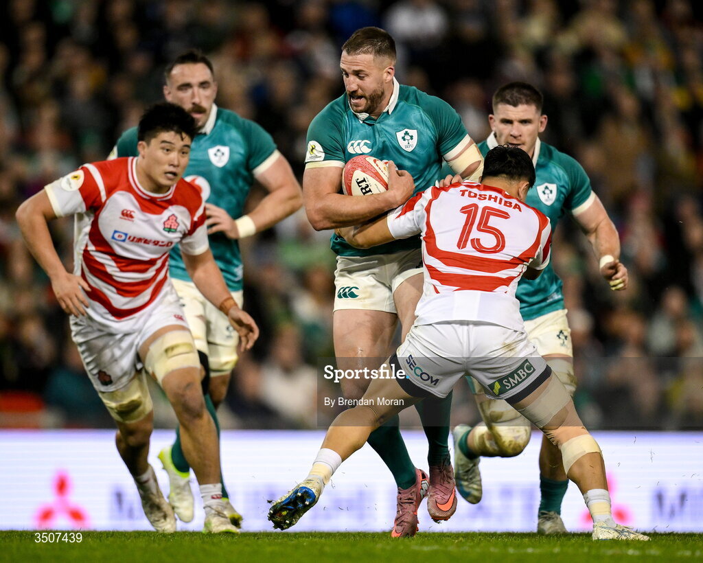 11 July 2026; Stuart McCloskey of Ireland is tackled by Takuro Matsunaga of Japan during the 2026 Nations Championship Round Two match between Japan and Ireland at McDonald Jones Stadium in Newcastle, Australia. Photo by Brendan Moran/Sportsfile