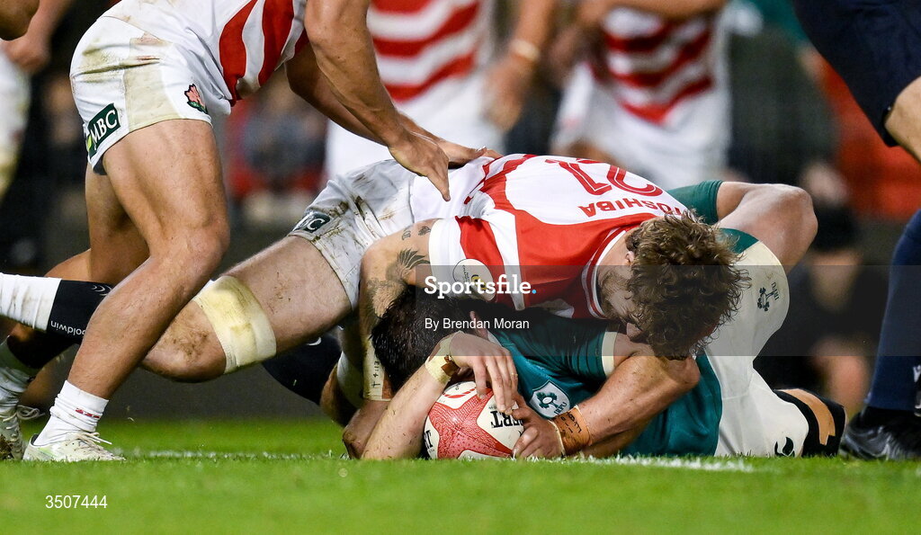 11 July 2026; Robbie Henshaw of Ireland dives over to score his side's third try during the 2026 Nations Championship Round Two match between Japan and Ireland at McDonald Jones Stadium in Newcastle, Australia. Photo by Brendan Moran/Sportsfile