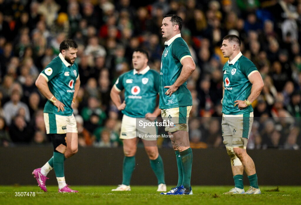 11 July 2026; James Ryan of Ireland and teammates during the 2026 Nations Championship Round Two match between Japan and Ireland at McDonald Jones Stadium in Newcastle, Australia. Photo by Brendan Moran/Sportsfile