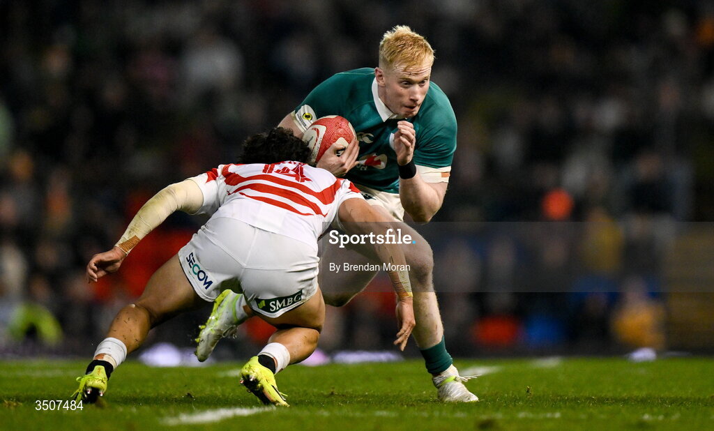 11 July 2026; Jamie Osborne of Ireland is tackled by Kazuma Ueda of Japan during the 2026 Nations Championship Round Two match between Japan and Ireland at McDonald Jones Stadium in Newcastle, Australia. Photo by Brendan Moran/Sportsfile