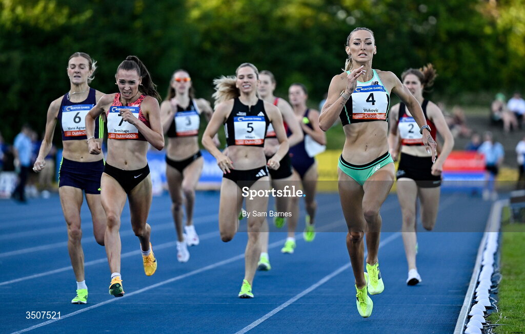 10 July 2026; Nina Vukovic of Croatia crosses the finish line to win the Irish Life Health Dublin Marathon women's 800m during the Morton Games at Morton Stadium in Santry, Dublin. Photo by Sam Barnes/Sportsfile