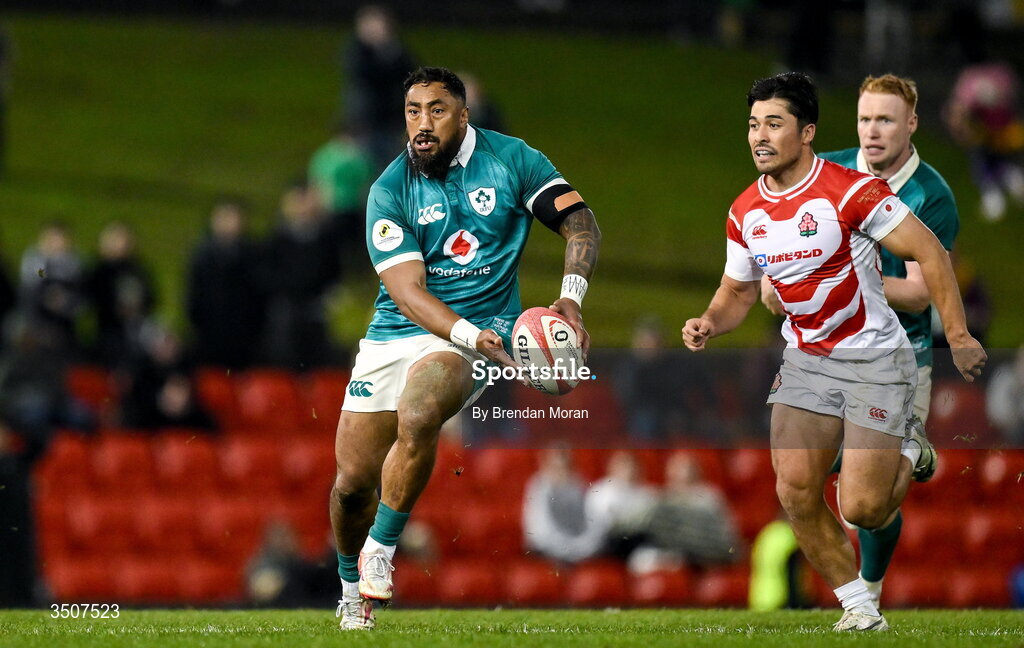 11 July 2026; Bundee Aki of Ireland makes a break during the 2026 Nations Championship Round Two match between Japan and Ireland at McDonald Jones Stadium in Newcastle, Australia. Photo by Brendan Moran/Sportsfile