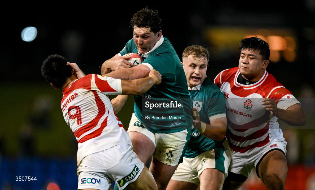 11 July 2026; Tom Stewart of Ireland is tackled by Naoto Saito of Japan during the 2026 Nations Championship Round Two match between Japan and Ireland at McDonald Jones Stadium in Newcastle, Australia. Photo by Brendan Moran/Sportsfile