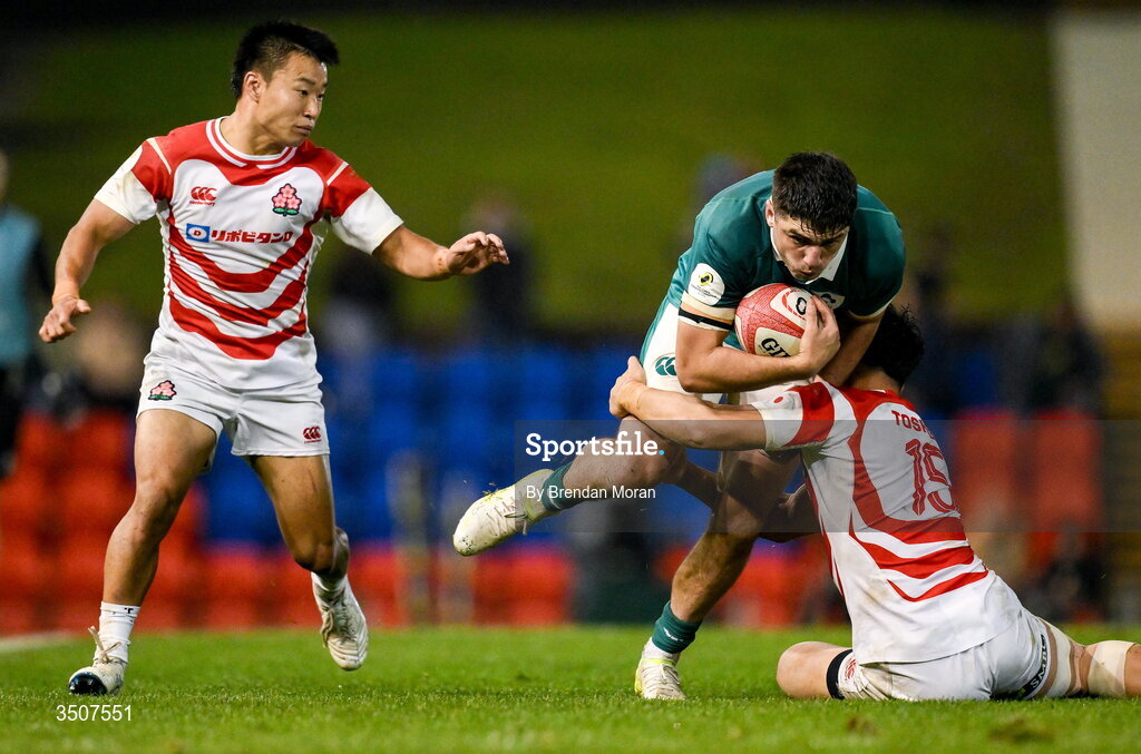 11 July 2026; Jimmy O'Brien of Ireland is tackled by Takuro Matsunaga of Japan during the 2026 Nations Championship Round Two match between Japan and Ireland at McDonald Jones Stadium in Newcastle, Australia. Photo by Brendan Moran/Sportsfile