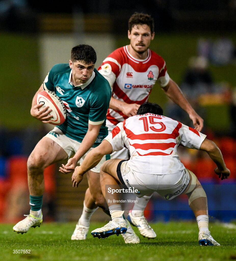 11 July 2026; Jimmy O'Brien of Ireland is tackled by Takuro Matsunaga of Japan during the 2026 Nations Championship Round Two match between Japan and Ireland at McDonald Jones Stadium in Newcastle, Australia. Photo by Brendan Moran/Sportsfile