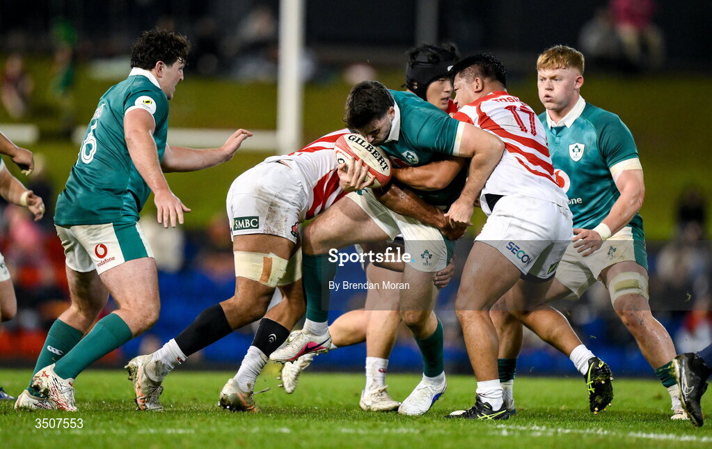11 July 2026; Harry Byrne of Ireland is tackled by Sojiro Otuska of Japan during the 2026 Nations Championship Round Two match between Japan and Ireland at McDonald Jones Stadium in Newcastle, Australia. Photo by Brendan Moran/Sportsfile