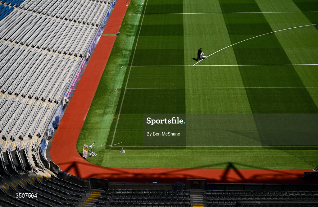 11 July 2026; A groundsman lines the 40-metre scoring arc before the GAA Football All-Ireland Senior Championship semi-final match between Mayo and Louth at Croke Park in Dublin. Photo by Ben McShane/Sportsfile