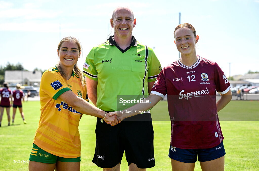 11 July 2026; Referee Paul McCaughey with team captains Tara Rose Mahon of Donegal and Klara Banek of Galway  before the 2026 LGFA All-Ireland U20 final match between Donegal and Galway at Kilcoyne Memorial Park in Tubbercurry, Sligo. Photo by David Fitzgerald/Sportsfile