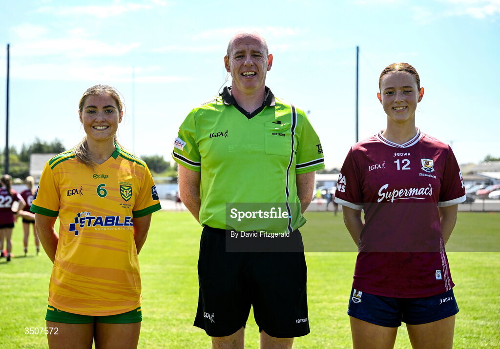 11 July 2026; Referee Paul McCaughey with team captains Tara Rose Mahon of Donegal and Klara Banek of Galway  before the 2026 LGFA All-Ireland U20 final match between Donegal and Galway at Kilcoyne Memorial Park in Tubbercurry, Sligo. Photo by David Fitzgerald/Sportsfile