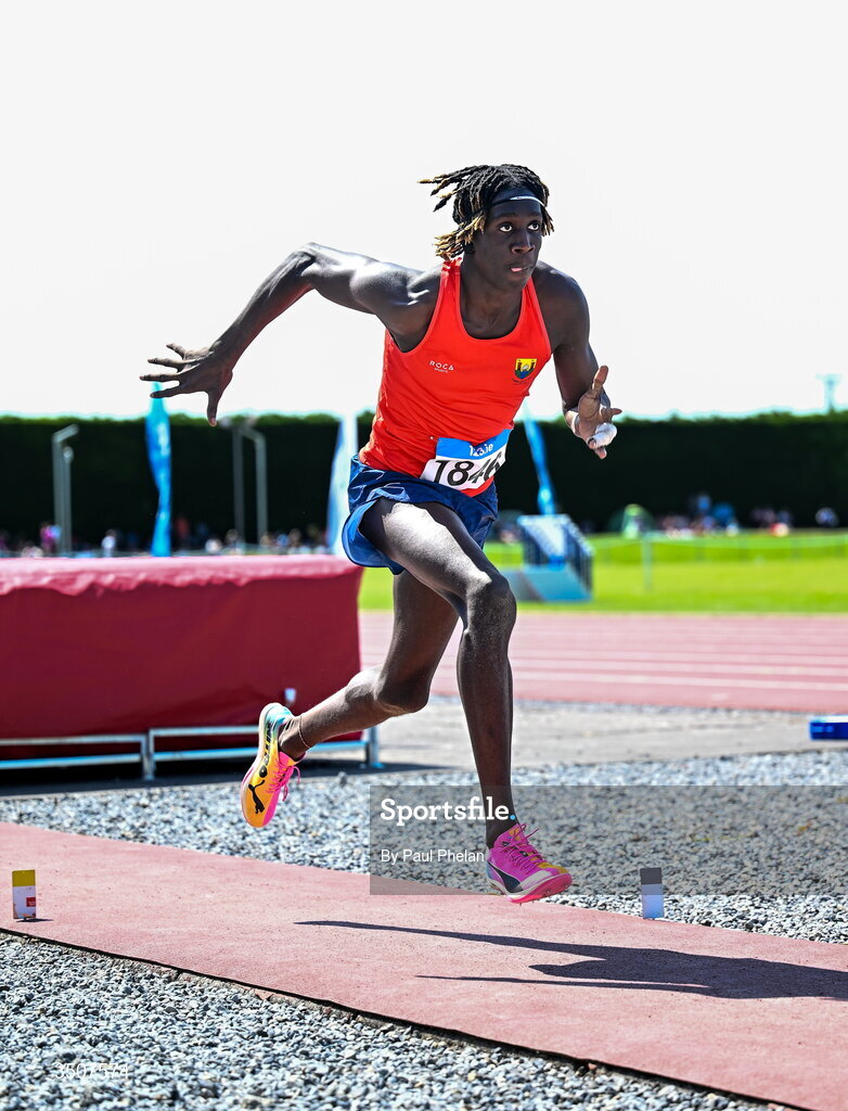 11 July 2026; Ryan Onoh of Cork City A.C. on his way to winning the U19 boy's Long Jump during day three of the 123.ie National Championships at Tullamore Harriers Athletics Club in Tullamore, Offaly. Photo by Paul Phelan/Sportsfile