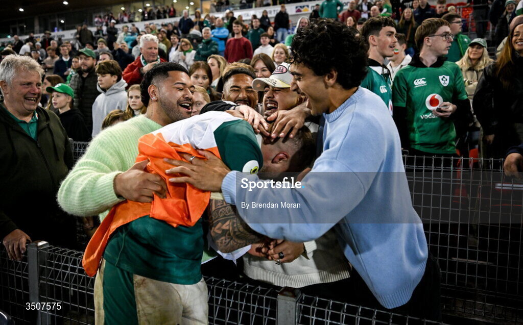 11 July 2026; Sean Jansen of Ireland celebrates with friends after the 2026 Nations Championship Round Two match between Japan and Ireland at McDonald Jones Stadium in Newcastle, Australia. Photo by Brendan Moran/Sportsfile