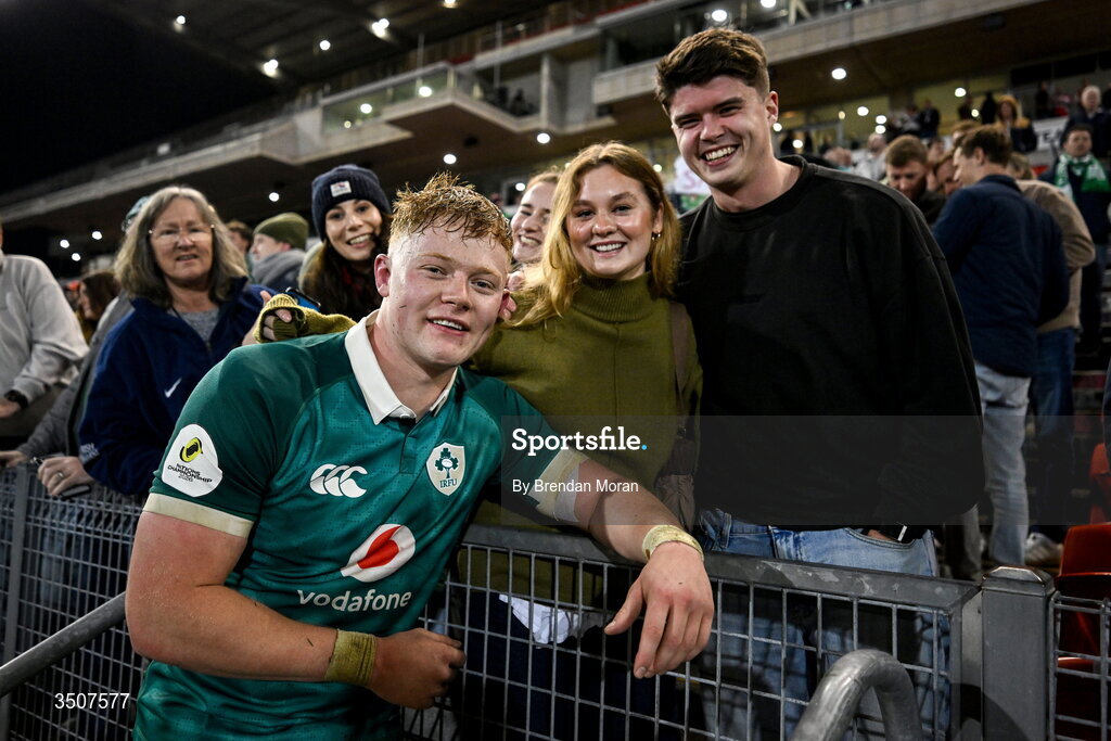 11 July 2026; Bryn Ward of Ireland with friends after the 2026 Nations Championship Round Two match between Japan and Ireland at McDonald Jones Stadium in Newcastle, Australia. Photo by Brendan Moran/Sportsfile