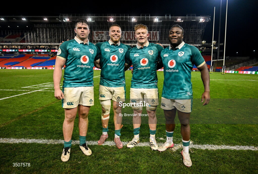 11 July 2026; Ireland debutants, from left, Billy Bohan, Sean Jansen, Bryn Ward and Sam Illo after the 2026 Nations Championship Round Two match between Japan and Ireland at McDonald Jones Stadium in Newcastle, Australia. Photo by Brendan Moran/Sportsfile