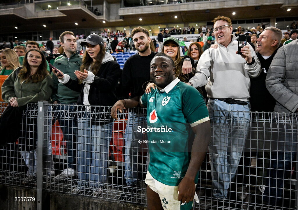 11 July 2026; Sam Illo of Ireland with friends after the 2026 Nations Championship Round Two match between Japan and Ireland at McDonald Jones Stadium in Newcastle, Australia. Photo by Brendan Moran/Sportsfile