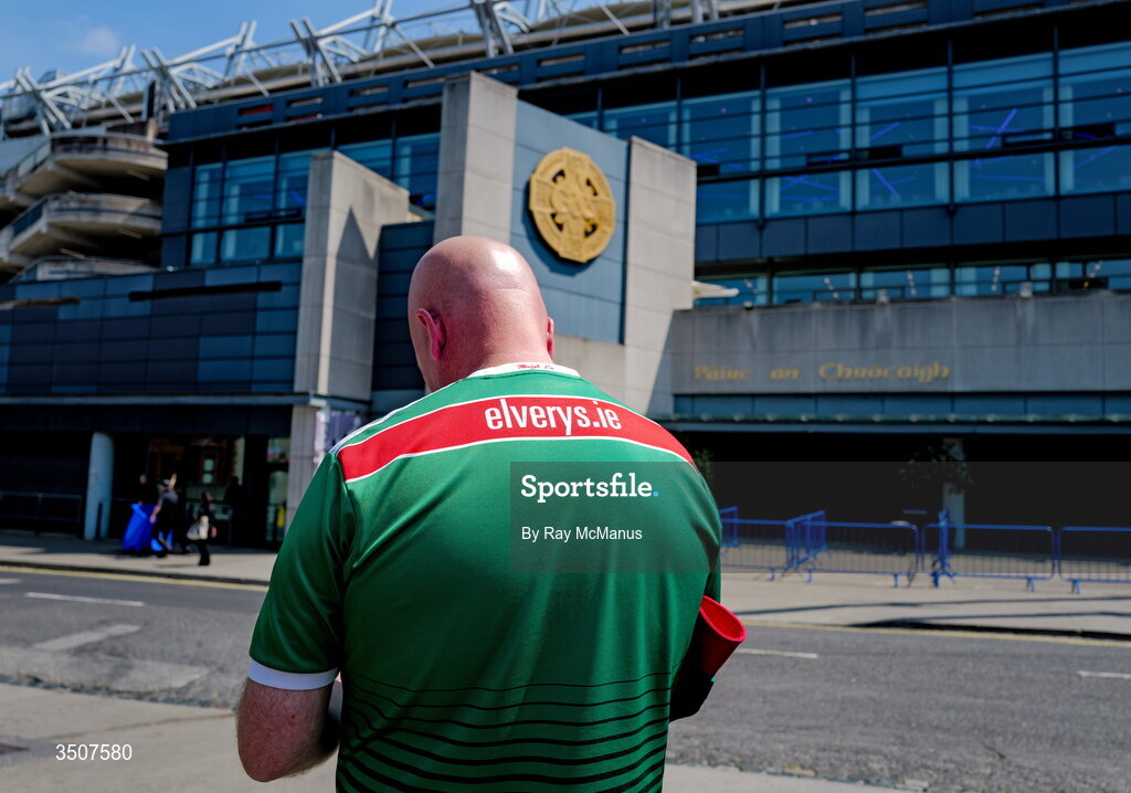 11 July 2026; A Mayo supporter outside Croke Park before the GAA Football All-Ireland Senior Championship semi-final match between Mayo and Louth at Croke Park in Dublin. Photo by Ray McManus/Sportsfile