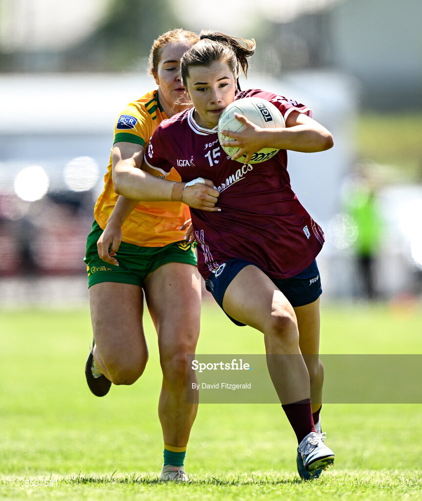 11 July 2026; Ava Heneghan of Galway in action against Nicole Devlin of Donegal during the 2026 LGFA All-Ireland U20 final match between Donegal and Galway at Kilcoyne Memorial Park in Tubbercurry, Sligo. Photo by David Fitzgerald/Sportsfile