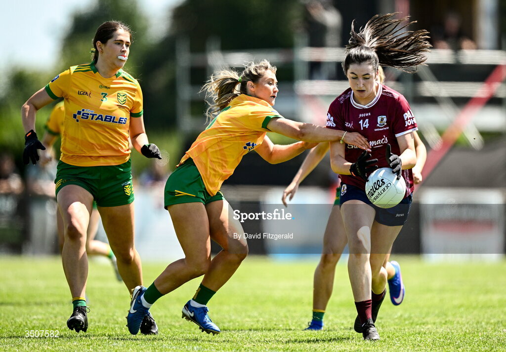 11 July 2026; Alisha O'Malley of Galway in action against Tara Rose Mahon of Donegal during the 2026 LGFA All-Ireland U20 final match between Donegal and Galway at Kilcoyne Memorial Park in Tubbercurry, Sligo. Photo by David Fitzgerald/Sportsfile