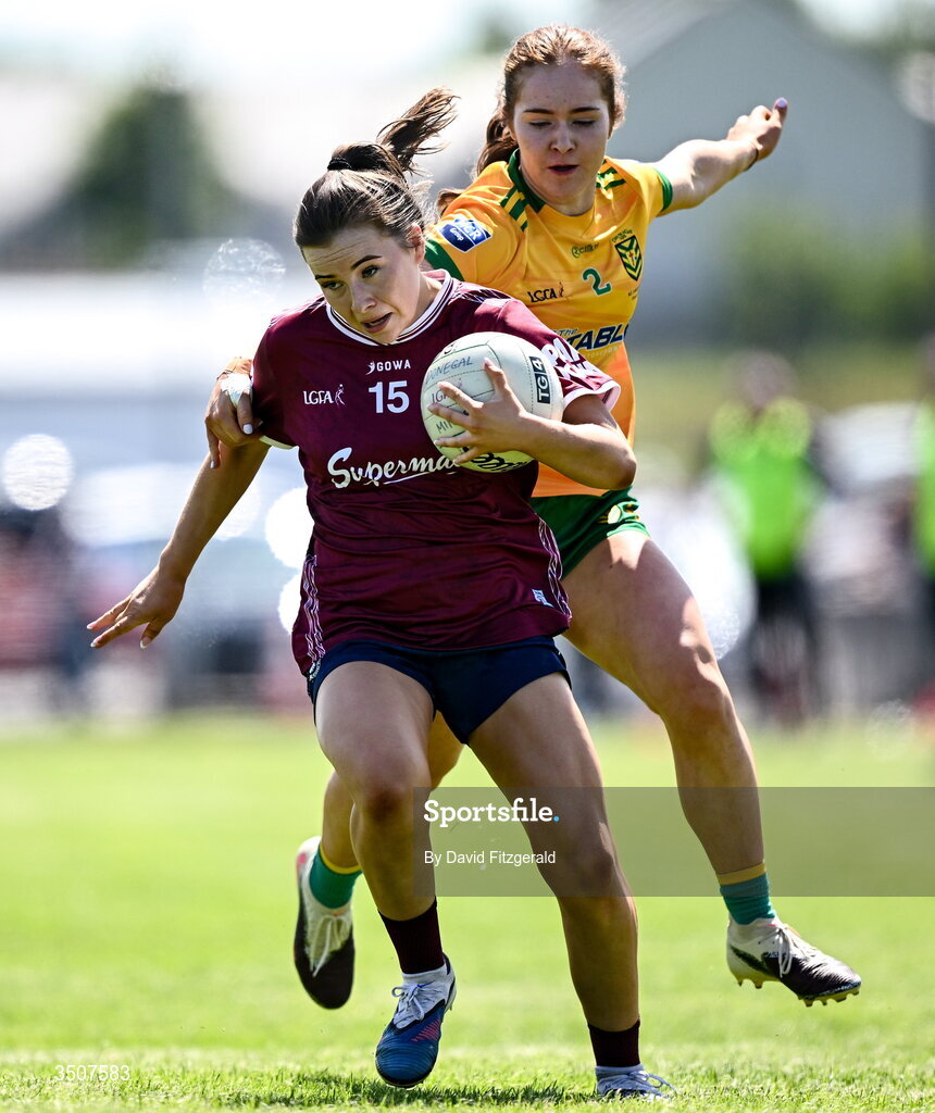 11 July 2026; Ava Heneghan of Galway in action against Nicole Devlin of Donegal during the 2026 LGFA All-Ireland U20 final match between Donegal and Galway at Kilcoyne Memorial Park in Tubbercurry, Sligo. Photo by David Fitzgerald/Sportsfile