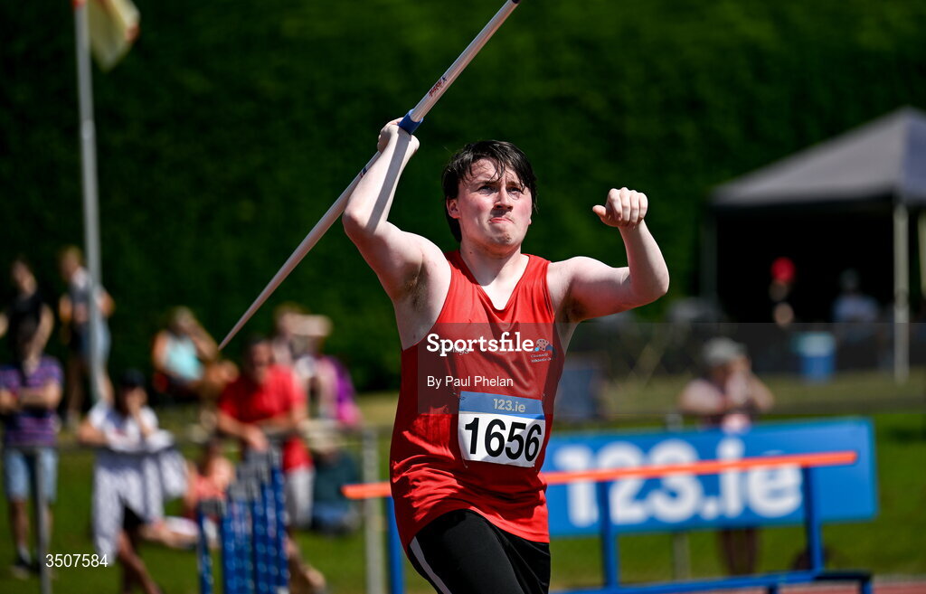11 July 2026; Jacoby Mc Hugh of Tír Chonaill A.C. competes in the U17 boy's Javelin during day three of the 123.ie National Championships at Tullamore Harriers Athletics Club in Tullamore, Offaly. Photo by Paul Phelan/Sportsfile