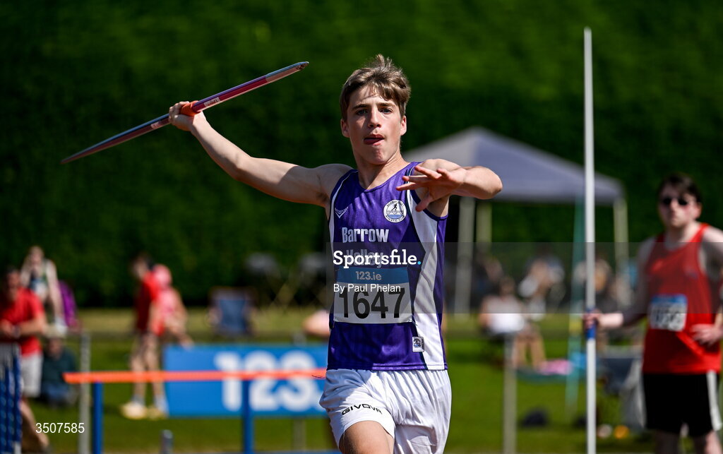 11 July 2026; Eli Fleming of Barrow Valley A.C. competes in the U17 boy's Javelin during day three of the 123.ie National Championships at Tullamore Harriers Athletics Club in Tullamore, Offaly. Photo by Paul Phelan/Sportsfile