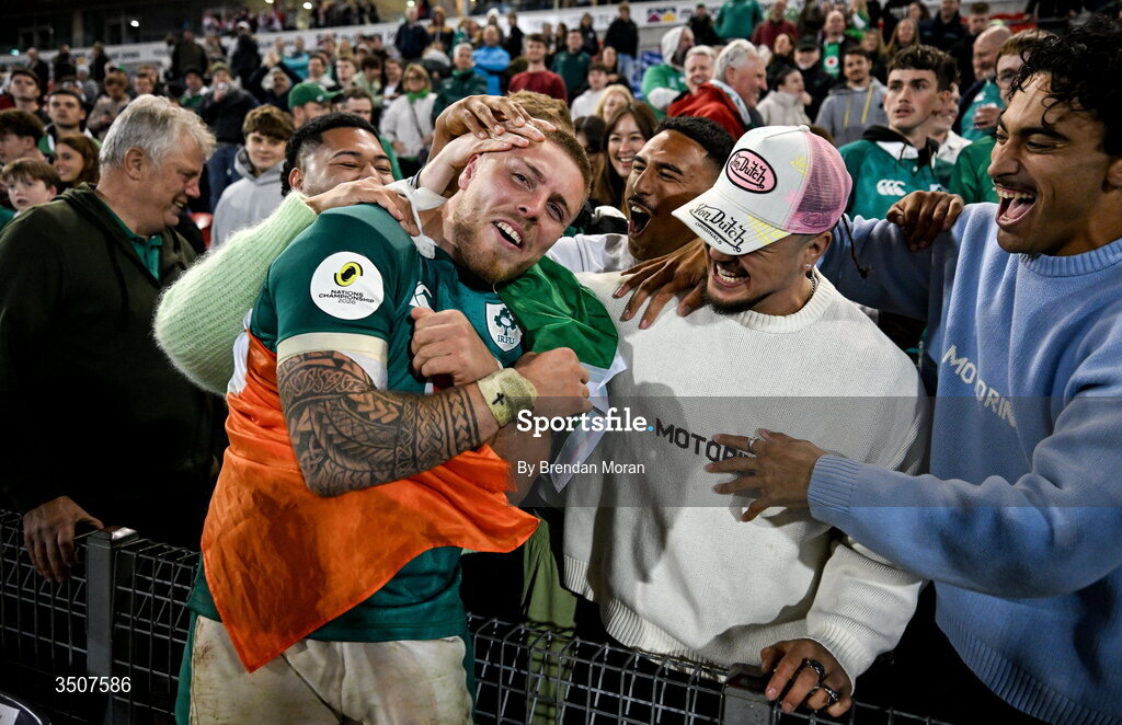 11 July 2026; Sean Jansen of Ireland with friends after the 2026 Nations Championship Round Two match between Japan and Ireland at McDonald Jones Stadium in Newcastle, Australia. Photo by Brendan Moran/Sportsfile