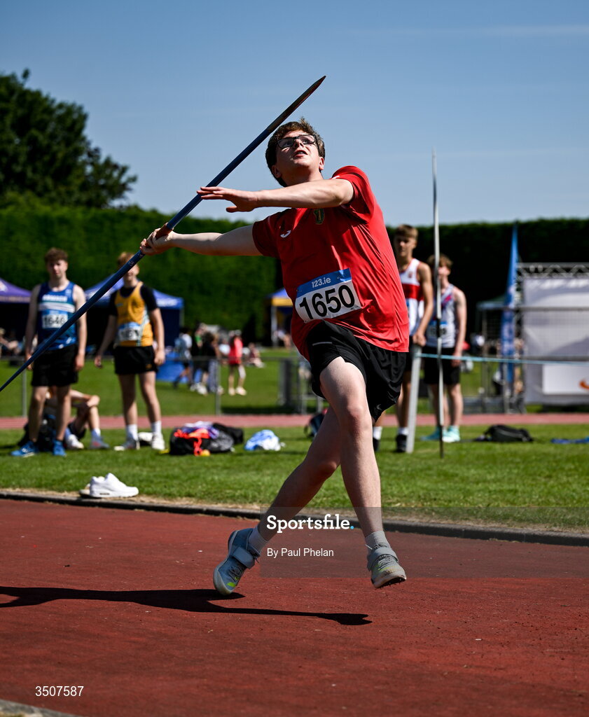 11 July 2026; Noah Treacy of Kildare A.C. competes in the U17 boy's Javelin during day three of the 123.ie National Championships at Tullamore Harriers Athletics Club in Tullamore, Offaly. Photo by Paul Phelan/Sportsfile