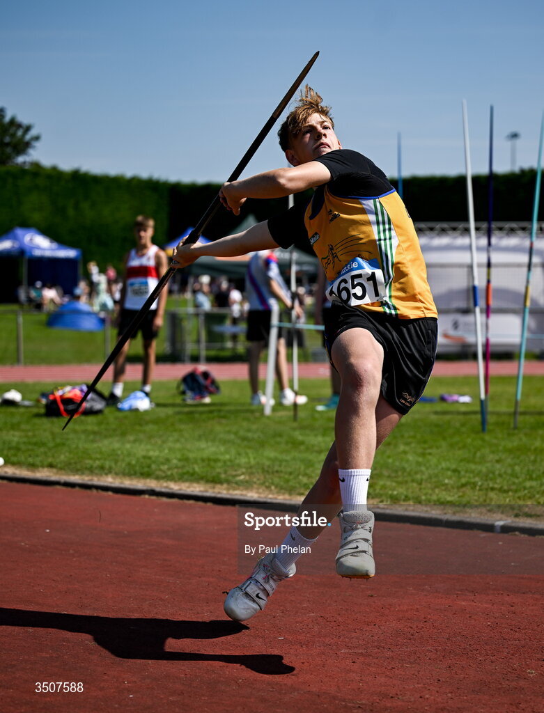 11 July 2026; Rory Wilson of Lake District A.C. competes in the U17 boy's Javelin during day three of the 123.ie National Championships at Tullamore Harriers Athletics Club in Tullamore, Offaly. Photo by Paul Phelan/Sportsfile