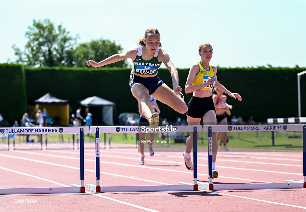 11 July 2026; Sheila O Donovan of Ferrybank A.C. on her way to winning the U15 girl's 250m Hurdles during day three of the 123.ie National Championships at Tullamore Harriers Athletics Club in Tullamore, Offaly. Photo by Paul Phelan/Sportsfile