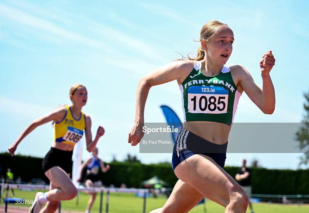 11 July 2026; Sheila O Donovan of Ferrybank A.C. on her way to winning the U15 girl's 250m Hurdles during day three of the 123.ie National Championships at Tullamore Harriers Athletics Club in Tullamore, Offaly. Photo by Paul Phelan/Sportsfile