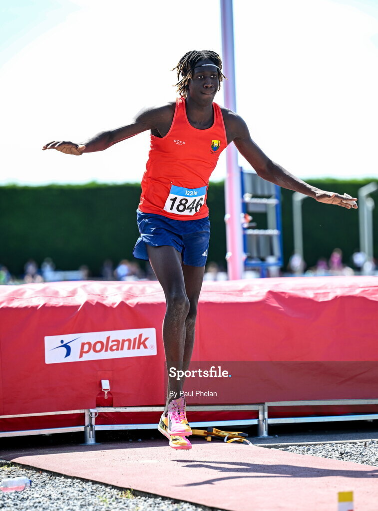 11 July 2026; Ryan Onoh of Cork City A.C. on his way to winning the U19 boy's Long Jump during day three of the 123.ie National Championships at Tullamore Harriers Athletics Club in Tullamore, Offaly. Photo by Paul Phelan/Sportsfile