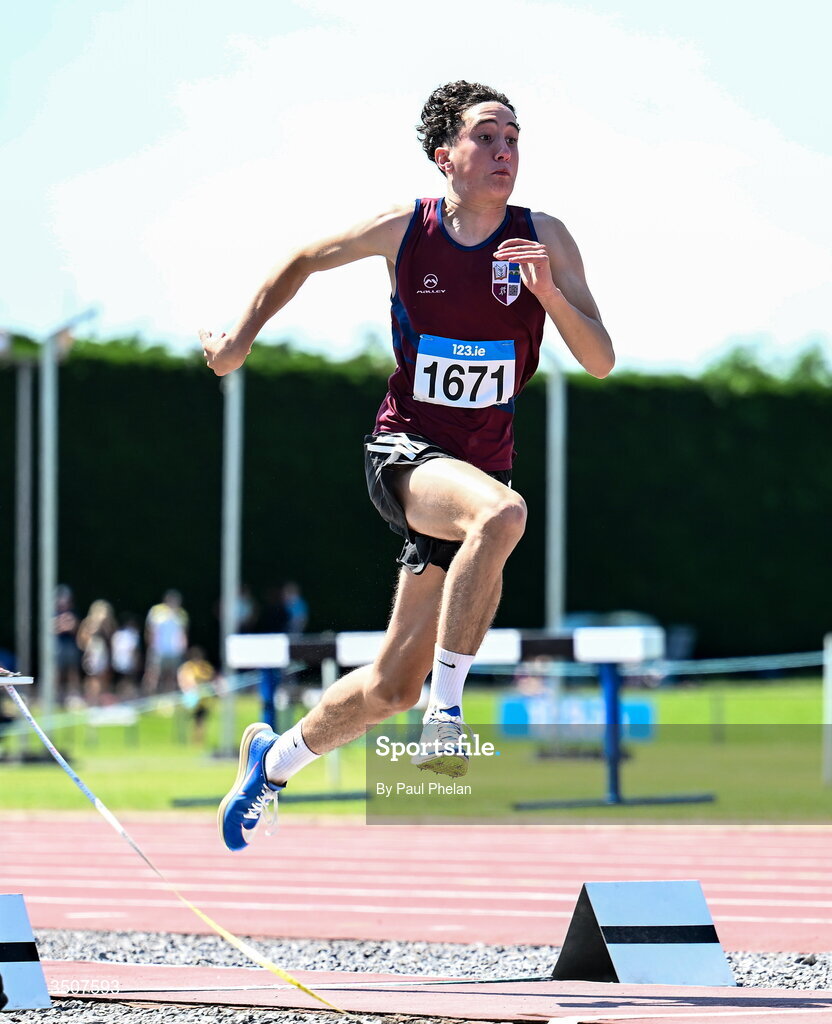 11 July 2026; Alex Collins of Lios Tuathail A.C. on his way to winning the U17 boy's Triple Jump during day three of the 123.ie National Championships at Tullamore Harriers Athletics Club in Tullamore, Offaly. Photo by Paul Phelan/Sportsfile