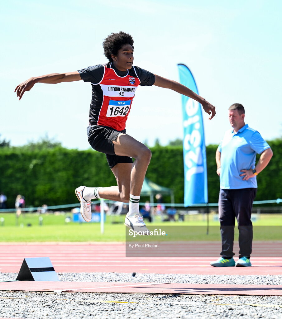 11 July 2026; Joseph Ike of Lifford Strabane A.C. on his way to coming second in the U17 boy's Triple Jump during day three of the 123.ie National Championships at Tullamore Harriers Athletics Club in Tullamore, Offaly. Photo by Paul Phelan/Sportsfile