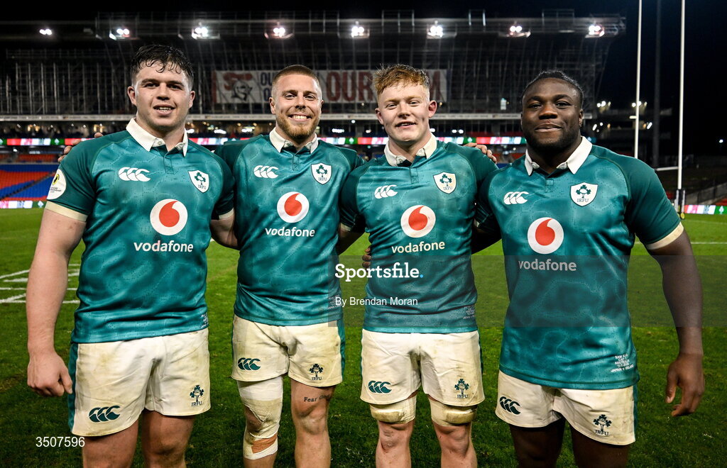 11 July 2026; Ireland debutants, from left, Billy Bohan, Sean Jansen, Bryn Ward and Sam Illo after the 2026 Nations Championship Round Two match between Japan and Ireland at McDonald Jones Stadium in Newcastle, Australia. Photo by Brendan Moran/Sportsfile