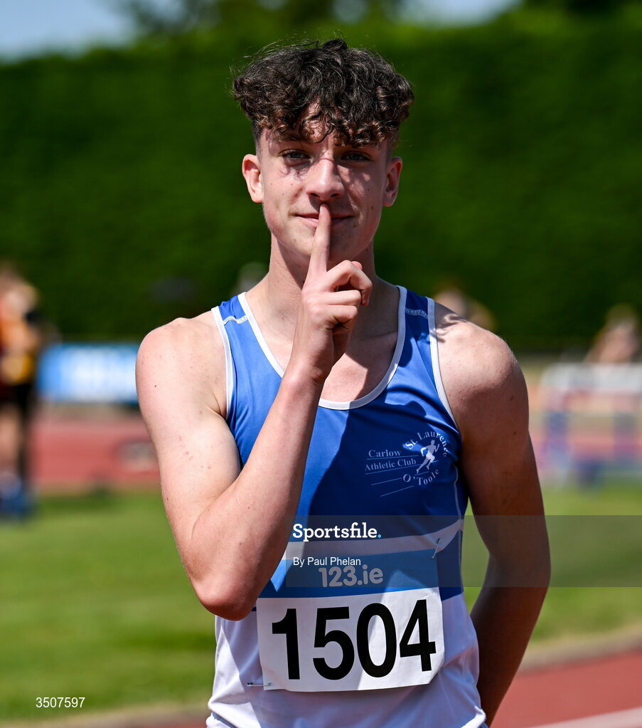 11 July 2026; Harry Butcher of St. Laurence. O'Toole A.C. wins the U15 boy's 250m Hurdles during day three of the 123.ie National Championships at Tullamore Harriers Athletics Club in Tullamore, Offaly. Photo by Paul Phelan/Sportsfile
