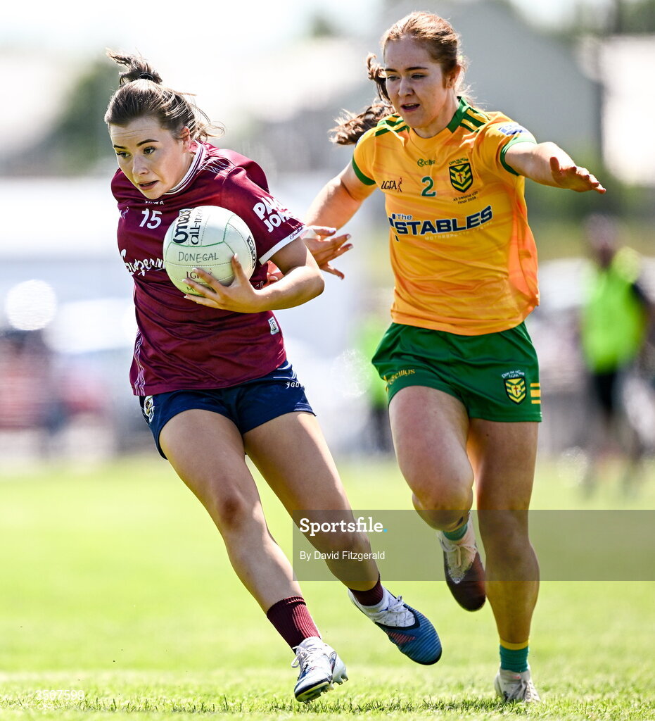 11 July 2026; Ava Heneghan of Galway in action against Nicole Devlin of Donegal during the 2026 LGFA All-Ireland U20 final match between Donegal and Galway at Kilcoyne Memorial Park in Tubbercurry, Sligo. Photo by David Fitzgerald/Sportsfile