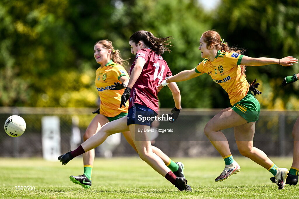 11 July 2026; Alisha O'Malley of Galway shoots to score her side's second goal during the 2026 LGFA All-Ireland U20 final match between Donegal and Galway at Kilcoyne Memorial Park in Tubbercurry, Sligo. Photo by David Fitzgerald/Sportsfile