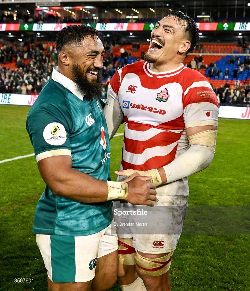 11 July 2026; Bundee Aki of Ireland and Ben Gunter of Japan after the 2026 Nations Championship Round Two match between Japan and Ireland at McDonald Jones Stadium in Newcastle, Australia. Photo by Brendan Moran/Sportsfile