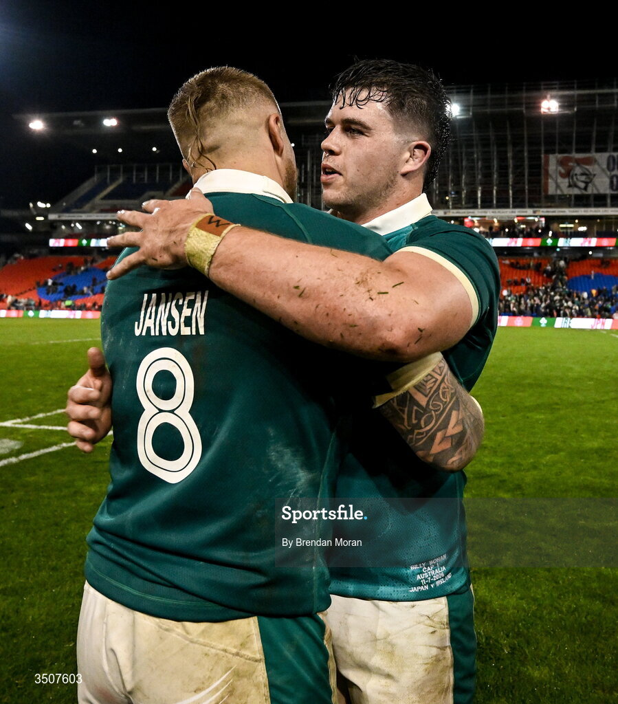 11 July 2026; Billy Bohan, right, and Sean Jansen of Ireland after the 2026 Nations Championship Round Two match between Japan and Ireland at McDonald Jones Stadium in Newcastle, Australia. Photo by Brendan Moran/Sportsfile