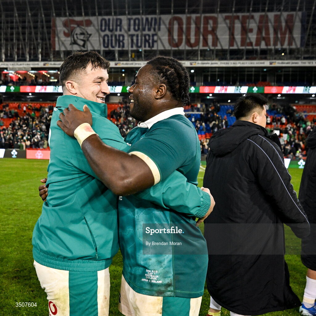 11 July 2026; Thomas Clarkson, left, and Sam Illo of Ireland after the 2026 Nations Championship Round Two match between Japan and Ireland at McDonald Jones Stadium in Newcastle, Australia. Photo by Brendan Moran/Sportsfile