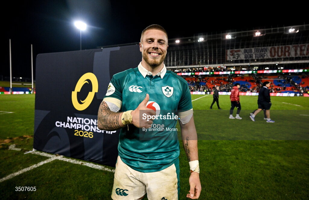 11 July 2026; Sean Jansen of Ireland after being named player of the match after the 2026 Nations Championship Round Two match between Japan and Ireland at McDonald Jones Stadium in Newcastle, Australia. Photo by Brendan Moran/Sportsfile