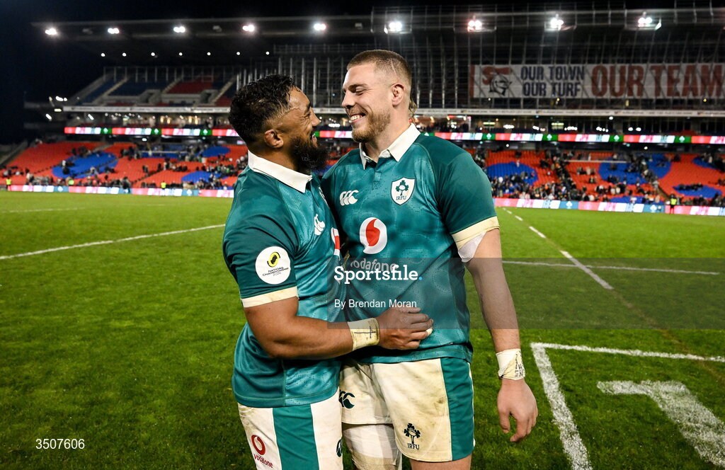 11 July 2026; Bundee Aki, left, and Sean Jansen of Ireland after the 2026 Nations Championship Round Two match between Japan and Ireland at McDonald Jones Stadium in Newcastle, Australia. Photo by Brendan Moran/Sportsfile