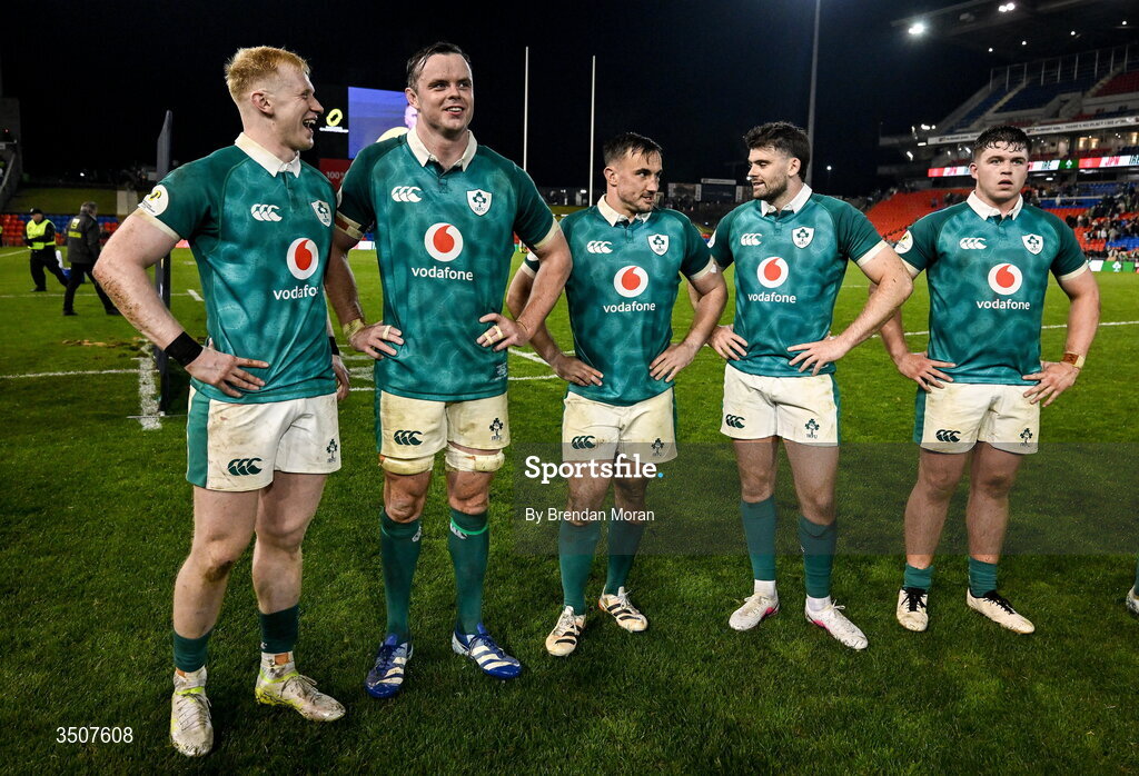 11 July 2026; Ireland players, from left, Jamie Osborne, James Ryan, Rónan Kelleher, Harry Byrne and Billy Bohan after the 2026 Nations Championship Round Two match between Japan and Ireland at McDonald Jones Stadium in Newcastle, Australia. Photo by Brendan Moran/Sportsfile