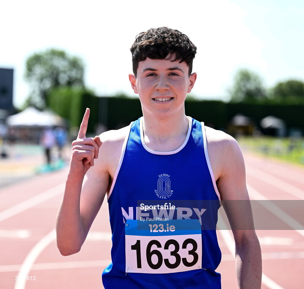 11 July 2026; Ronan Scullion of Newry A.C. wins the U17 boy's 300m Hurdles during day three of the 123.ie National Championships at Tullamore Harriers Athletics Club in Tullamore, Offaly. Photo by Paul Phelan/Sportsfile
