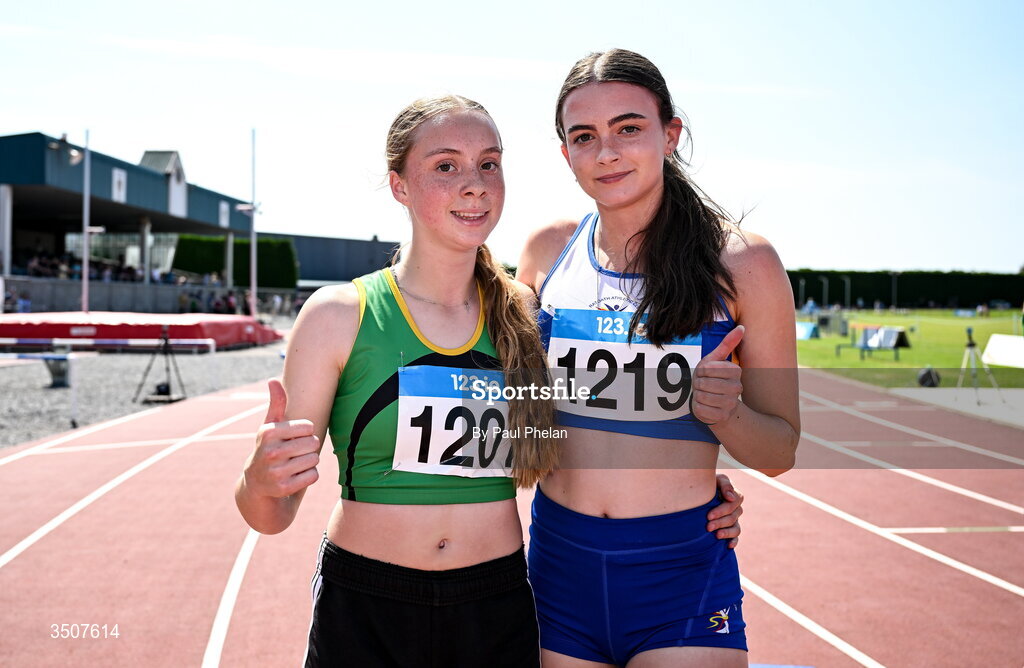 11 July 2026; Ellie Oldrey of Rathfarnham W.S.A.F. A.C., left, wins and Nicole Doherty of Ratoath A.C. comes second in the U17 girl's 300m Hurdles during day three of the 123.ie National Championships at Tullamore Harriers Athletics Club in Tullamore, Offaly. Photo by Paul Phelan/Sportsfile