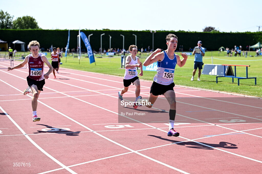 11 July 2026; Harry Butcher of St. Laurence. O'Toole A.C. wins the U15 boy's 250m Hurdles during day three of the 123.ie National Championships at Tullamore Harriers Athletics Club in Tullamore, Offaly. Photo by Paul Phelan/Sportsfile