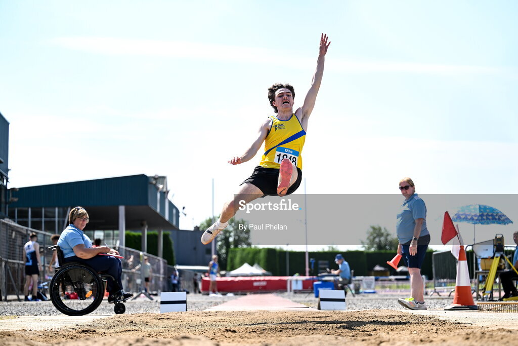 11 July 2026; Roger Mcmullan of North Down A.C. competes in the U19 boy's Long Jump during day three of the 123.ie National Championships at Tullamore Harriers Athletics Club in Tullamore, Offaly. Photo by Paul Phelan/Sportsfile