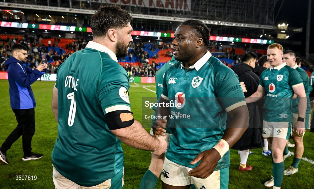 11 July 2026; Tom O’Toole, left, and Sam Illo of Ireland after the 2026 Nations Championship Round Two match between Japan and Ireland at McDonald Jones Stadium in Newcastle, Australia. Photo by Brendan Moran/Sportsfile